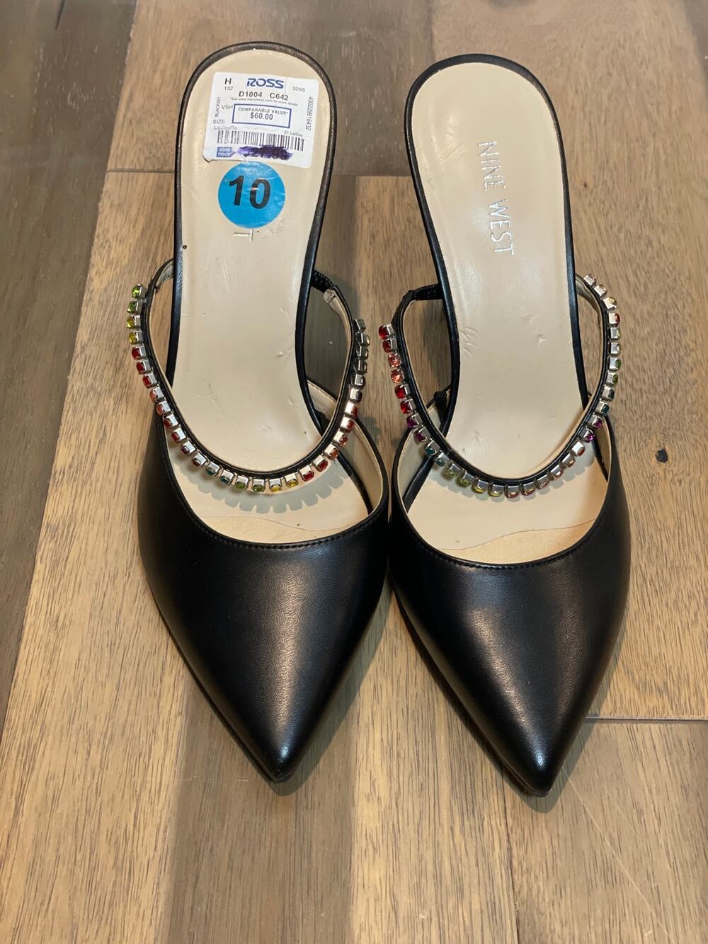 Nine West Womens Black Rhinestone Open‑Back Heels Size 10 New With Tag